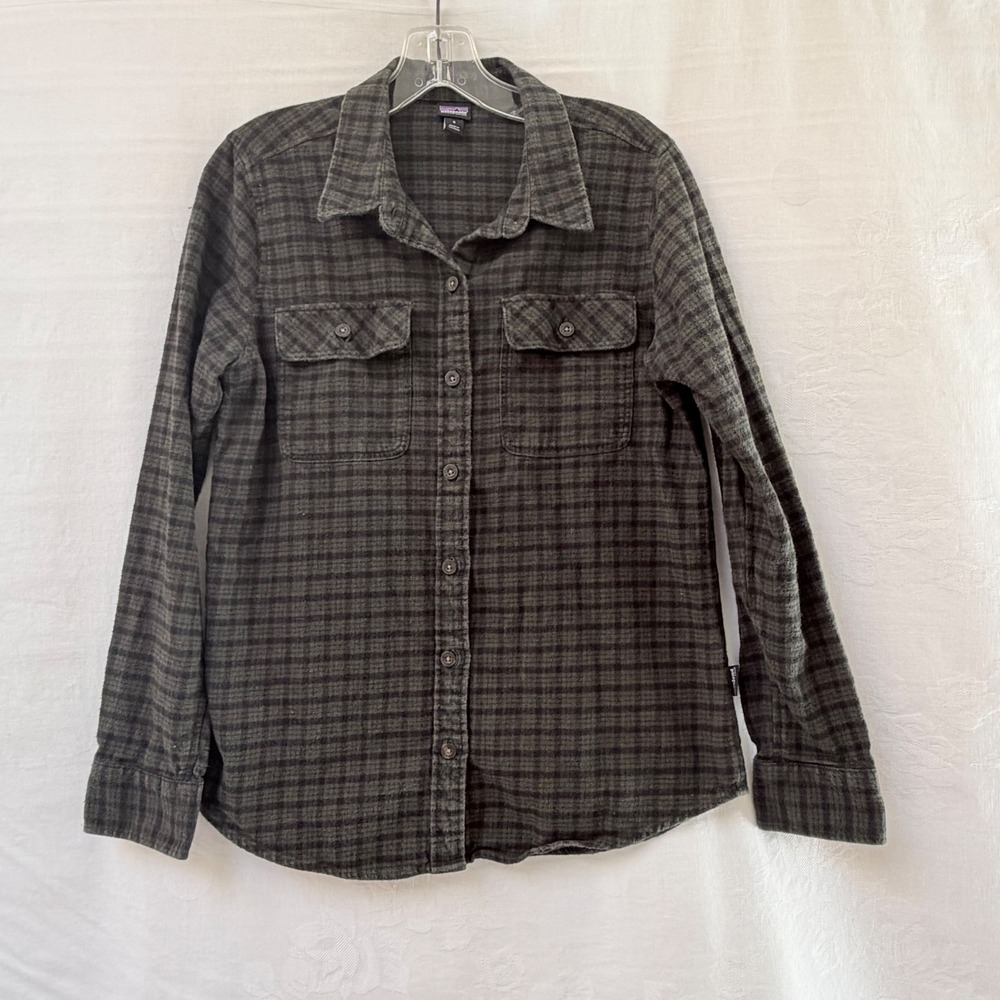Patagonia Fyord Flannel Shirt Womens Small Green Plaid Organic Cotton Mid Weight